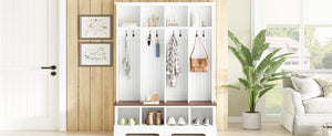 English Elm Farmhouse Hall Tree with Triple Arch Back Panel Eight Hooks Drawers and Entryway Bench White N721S000075K