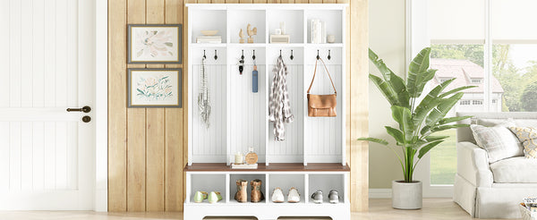 English Elm Farmhouse Hall Tree with Triple Arch Back Panel Eight Hooks Drawers and Entryway Bench White N721S000075K