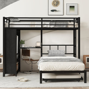 English Elm Twin Bunk Bed With Wardrobe & Trundle, Metal Frame, Foldable Desk, Noise-Reduced Design, Black Finish W1580S00135-GIGA