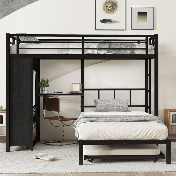 English Elm Twin Bunk Bed With Wardrobe & Trundle, Metal Frame, Foldable Desk, Noise-Reduced Design, Black Finish W1580S00135-GIGA