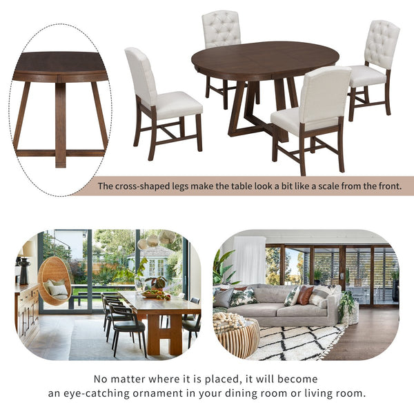 English Elm Trexm Retro 5 Piece Extendable Round Dining Set with Button Tufted Upholstered Chairs Walnut ST000094AAD-2026