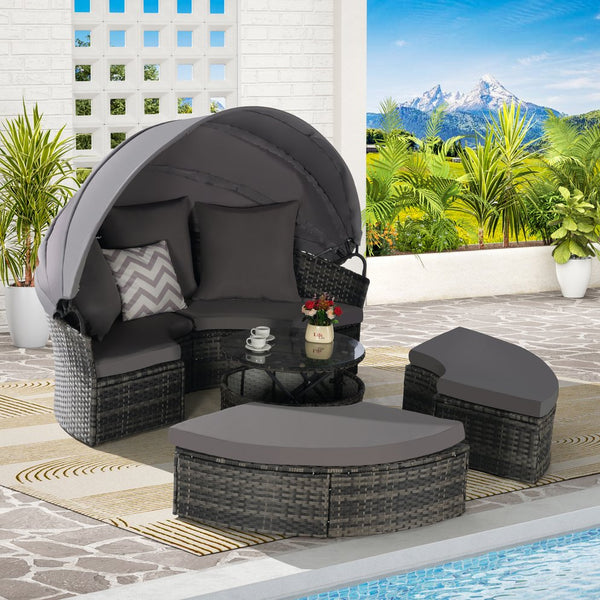 English Elm 5 Piece Outdoor Wicker Daybed Set with Retractable Canopy and Quick Dry Cushions Dark Gray W874S00035