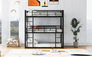 English Elm Metal Triple Bunk Bed Steel Frame Twin Three Tier Guardrails for Shared Rooms Black GX000230AAB