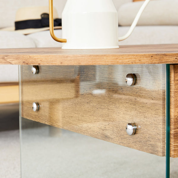 English Elm Cozy Natural Oval Coffee Table with Dual Drawers, Tempered Glass Legs, Wood Grain MDF Top, 43.3"x23.6" W1512P405601