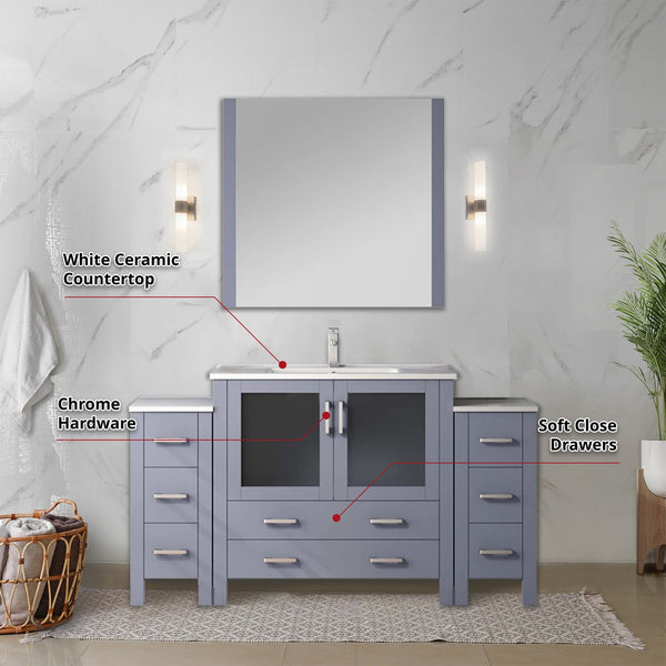 English Elm Volez Dark Grey 60" Single Bath Vanity with Side Cabinets, White Ceramic Top, Soft-Close Storage Durable B2731P337020