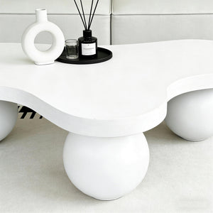 English Elm 46 Inch Cloud Shaped Coffee Table with Ash Veneer Top and Sculptural Sphere Legs White W3935S00007