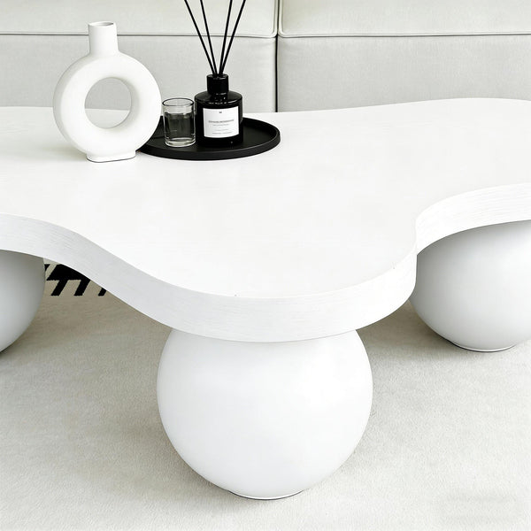 English Elm 46 Inch Cloud Shaped Coffee Table with Ash Veneer Top and Sculptural Sphere Legs White W3935S00007