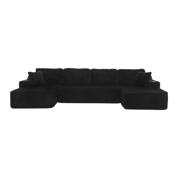 English Elm U-shaped Corduroy Cloud Sectional Sofa with Pocket Springs and Modular Living Room Seating Black W3366S00001