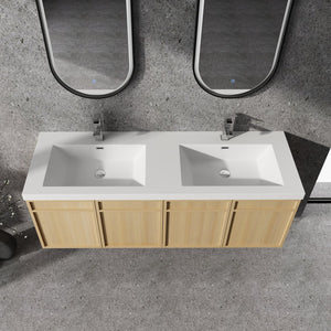 English Elm 60" 60" Wall-Mounted Bathroom Vanity with Double Resin Sink, 4 Soft-Closing Doors, Oak Finish W1972P315223