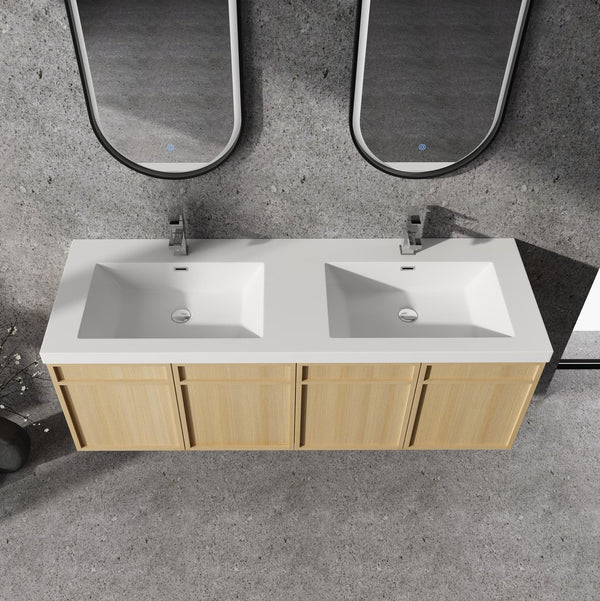 English Elm 60" 60" Wall-Mounted Bathroom Vanity with Double Resin Sink, 4 Soft-Closing Doors, Oak Finish W1972P315223