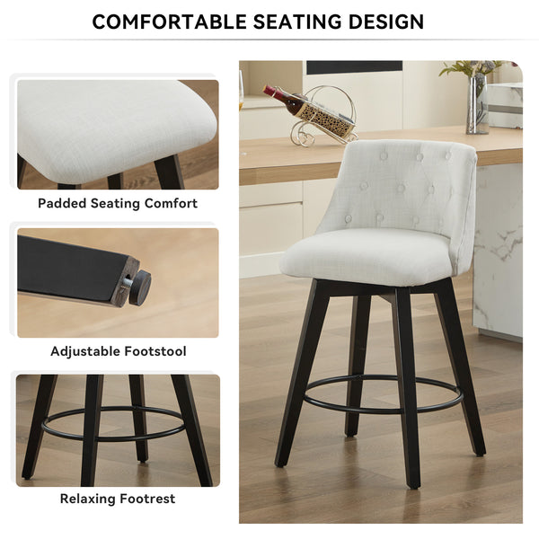 English Elm 007-360° Swivel Bar Stools Set of 2 25" Counter Height Linen Tufted Back Solid Wood Frame Durable Upholstery White W2636P242111
