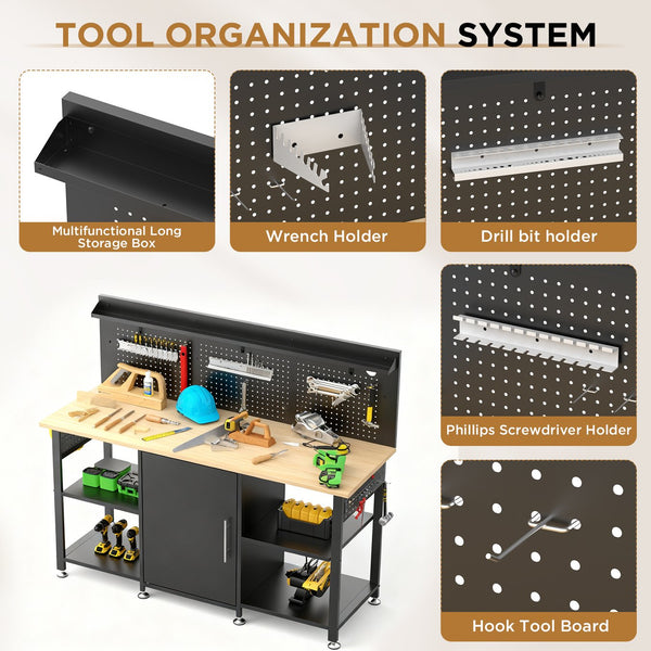 English Elm 60 Inch Garage Workbench Solid Wood Top Steel Frame with Cabinet Pegboard and Power Outlet W3190P410167