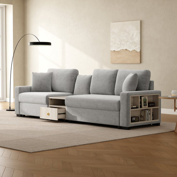 English Elm Modern Chenille Three Seat Sofa with Console Storage Armrest for Living Room Grey N763S000060E