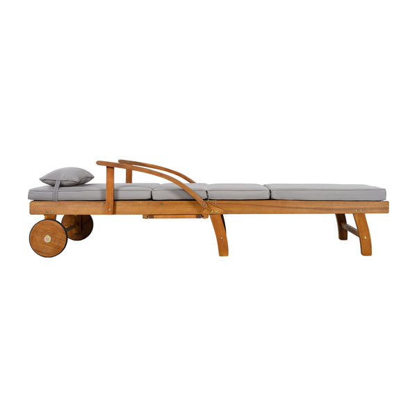 English Elm U_style Acacia Wood Outdoor Chaise Lounger with Reclining Backrest Cushions and Side Tray Gray N711P415859E
