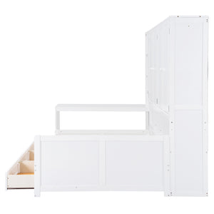 English Elm Full Size Wooden Daybed With Versatile Workspace, Three Storage Drawers, And Adjustable Shelves N820S00055K