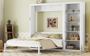 English Elm Queen Murphy Wall Bed with Side Shelving Folds Flush Into Mdf Cabinet for Studio Rooms White LP000697AAK-2