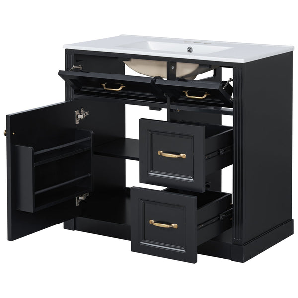 English Elm 36 Inch Bathroom Vanity With Sink & Soft-Close Drawers - Modern Black Cabinet For Smart Storage N725P336549B