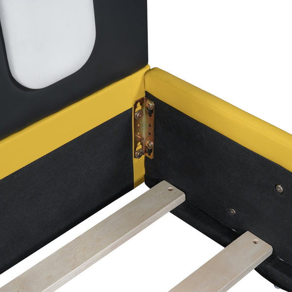 English Elm Twin Race Car Platform Bed with Wheels for Kids — Sturdy PU Leather Frame, Safety Rails, 250lb Capacity Yellow SF000128AAY