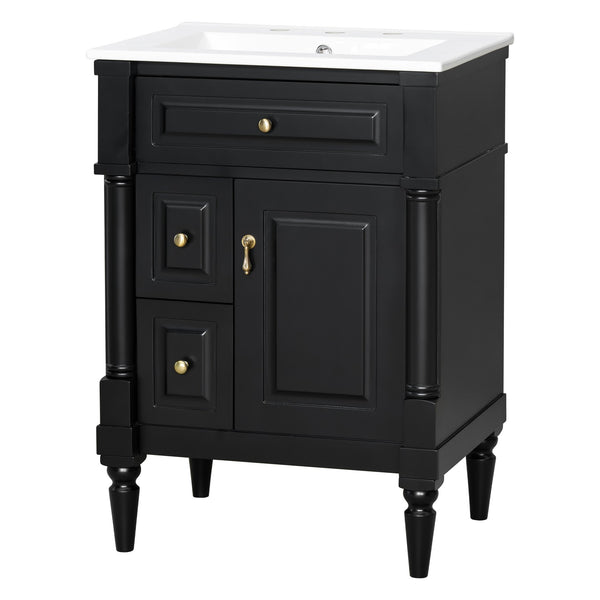 English Elm 24 Inch Freestanding Vanity with Ceramic Sink Rubberwood Frame Matte Finish Storage Black N725P356058B