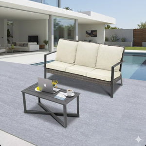 English Elm 2-piece Pe Rattan Outdoor Sofa Set with Steel Frame and Patio Coffee Table Beige B082P455165