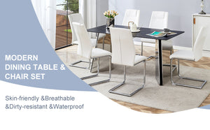 English Elm Table Set With Black Marble-Patterned Top & Stainless Steel Legs, 6 White Pu Chairs For Elegance W1151S01958-GIGA