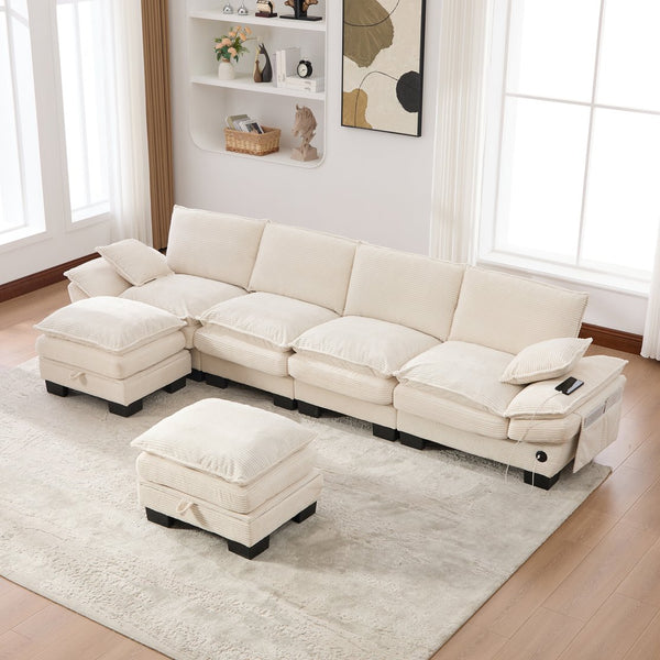 English Elm Sectional Modular Cloud Sofa Deep Corduroy Upholstered Comfort for Living Room Studio Beige W395S00130