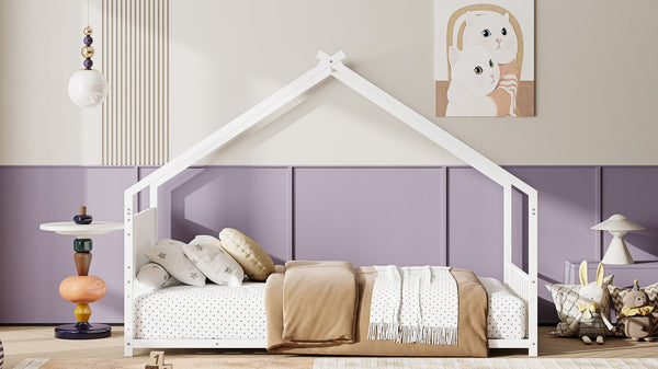 English Elm Twin House Shaped Metal Bed Frame with Led Lights and Wood Slats for Kids W1820P356049