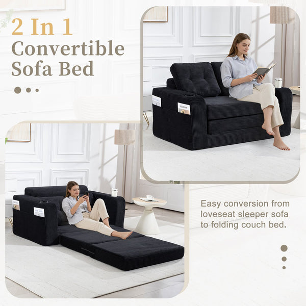 English Elm Convertible Floor Sofa Bed with Memory Foam and Ribbed Corduroy for Small Spaces Black W395P438026