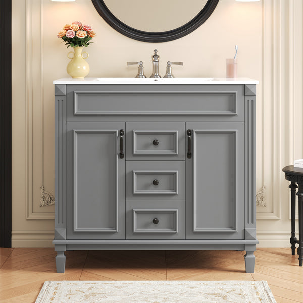 English Elm 36'' Modern Bathroom Vanity With Black Ceramic Top, Soft-Close Doors & Drawers For Stylish Storage N710P230231E