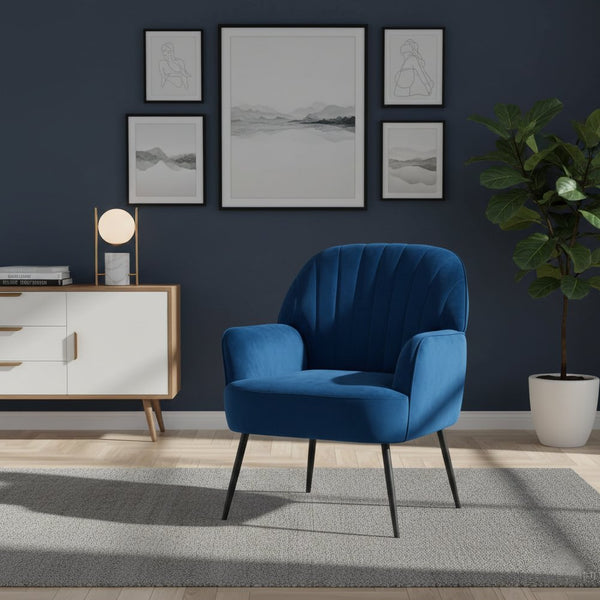 English Elm Velvet Barrel Accent Chair Tufted Shell Back with Metal Legs for Living Room Blue W5722P462510