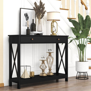 English Elm Console Farmhouse Console Table with Drawer and Open Shelves for Entryway Living Room Storage Black T3771P356230