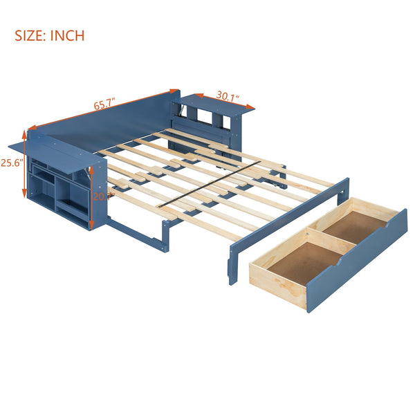 English Elm Full Size Daybed with Hydraulic Desk Armrests Storage Drawer and Sofa Seating Blue LT000271AAC
