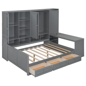 English Elm Full Size Wooden Daybed With Desk, Drawers, Shelves – Stylish Space-Saving Solution In Gray! N820S00055E