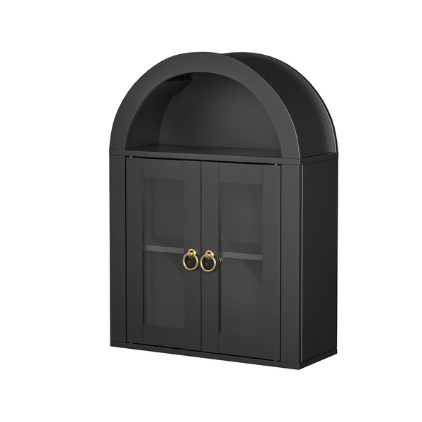 English Elm Wall Mounted Arched Cabinet Tempered Glass Doors Led Lighting Adjustable Shelves Bathroom Black T3210P471555