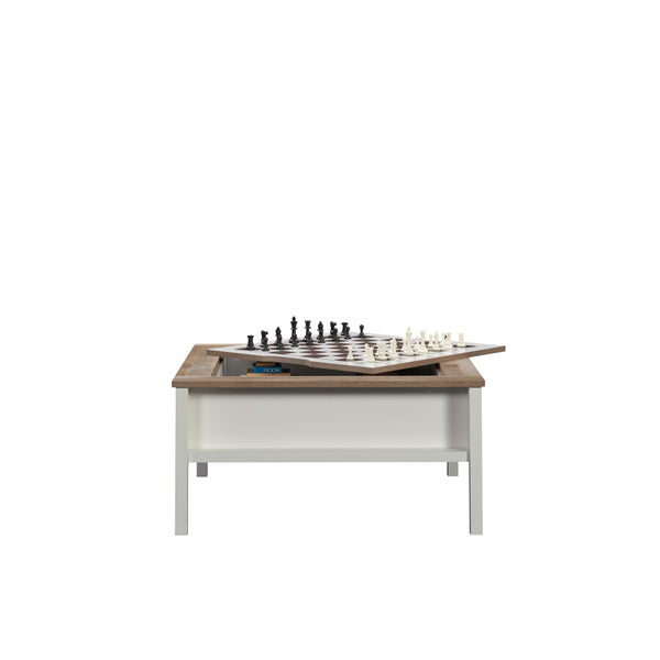 English Elm Gaming/Coffee Table with Removable Chess & Checkers Top, Hidden Shelf, White with Oak Accents, Durable Design B356P354485