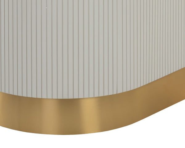 Sunpan Paloma Dining Table - Elegant White Marble Top with Cream Reeded Base and Gold Inlay for Luxe Spaces Oval - 84W x 47.25D x 30H