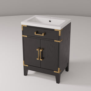 English Elm Black Oak Single Bath Vanity 24" W | Modern Acrylic Top & Soft-Close Storage For Small Spaces B2731P260893
