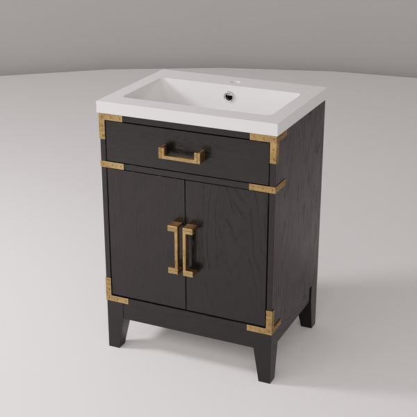 English Elm Black Oak Single Bath Vanity 24" W | Modern Acrylic Top & Soft-Close Storage For Small Spaces B2731P260893