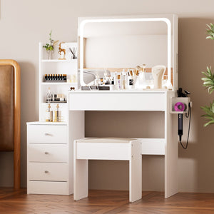English Elm Vanity LED mirror vanity with 3-mode dimmable lights, power & USB ports, hairdryer holder, stool W1668P197385