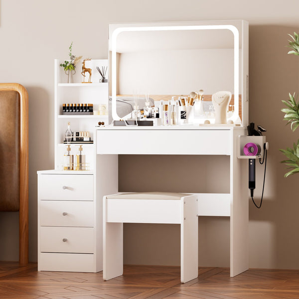 English Elm Vanity LED mirror vanity with 3-mode dimmable lights, power & USB ports, hairdryer holder, stool W1668P197385