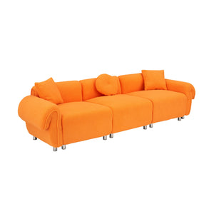 English Elm 112 Plush Teddy Velvet Sofa 112" x 38.2" x 28.3" with Metal White Legs, 3-Person Seating, 3 Pillows, 500lb Capacity Orange W1278S00047