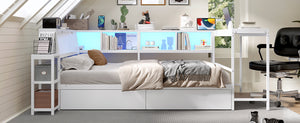 English Elm Corner Queen Platform Bed with Led Lighting Bookcase Shelving and Underbed Storage Drawers Ancient White W1670S00035