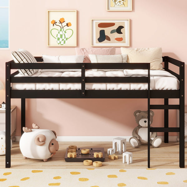 English Elm Solid Twin Loft Bed with Ladder and Reinforced Slats for Storage-Friendly, Space-Saving Bedrooms Black W504P190956