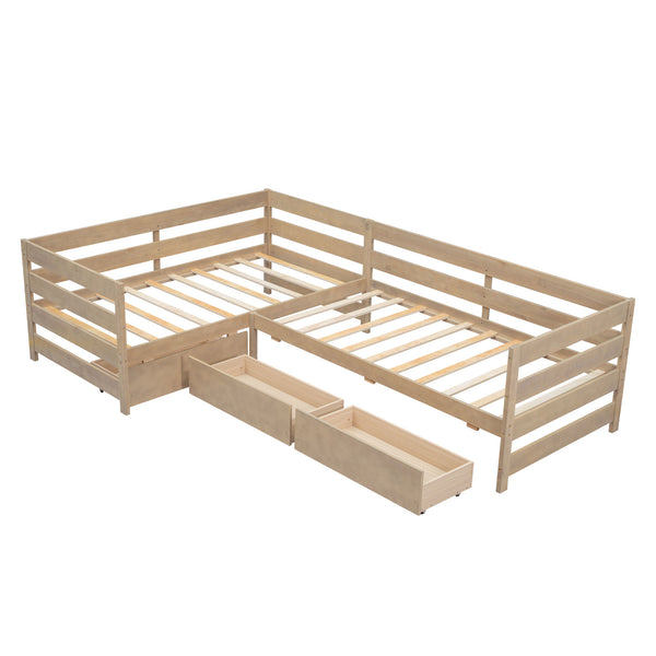 English Elm Twin L-Shaped Platform Bed with Three Spacious Drawers, Solid Pine & MDF, Clean-Lined Design Natural N7090000468N