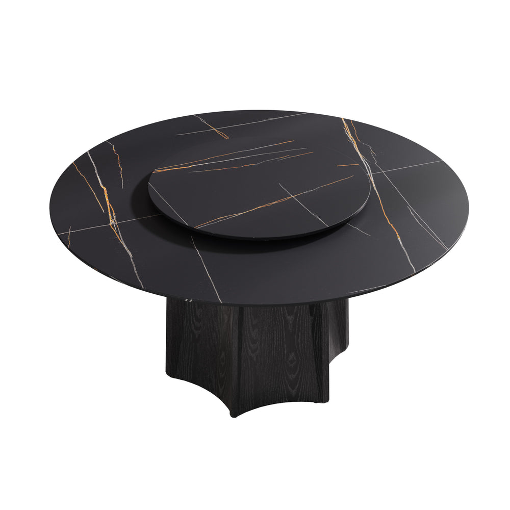 English Elm 59.05" Round Marble Dining Table With Black Oak Base, 31.5" Turntable For Stylish Entertaining Up To 8 W1535S00382