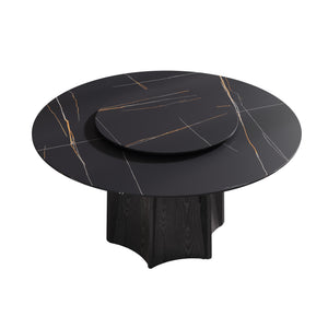 English Elm 59.05" Round Marble Dining Table With Black Oak Base, 31.5" Turntable For Stylish Entertaining Up To 8 W1535S00382