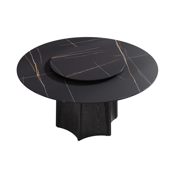 English Elm 59.05" Round Marble Dining Table With Black Oak Base, 31.5" Turntable For Stylish Entertaining Up To 8 W1535S00382