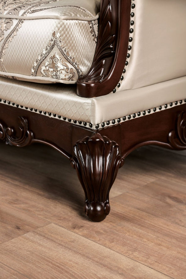 English Elm Traditional Carved Tufted Accent Chair with Rolled Arms, Nailhead Trim and Elegant Upholstery Beige,Cherry 49 L x 36 W x 22 H B2741P380258