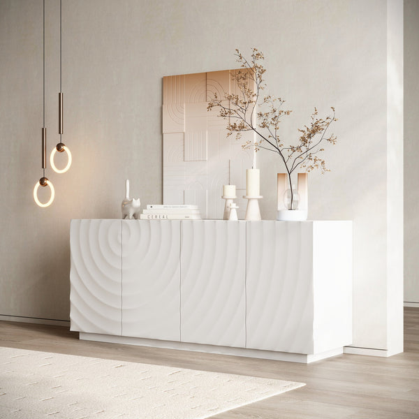 English Elm Buffet Sideboard with 3d Wave Textured Doors Wide Storage Cabinet for Dining Room W2263P410055