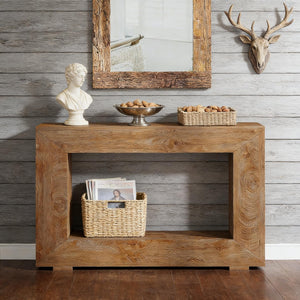 English Elm Entryway Console Table with Sculptural Stacked Wood Panels and Open Arc Base T3971P451449